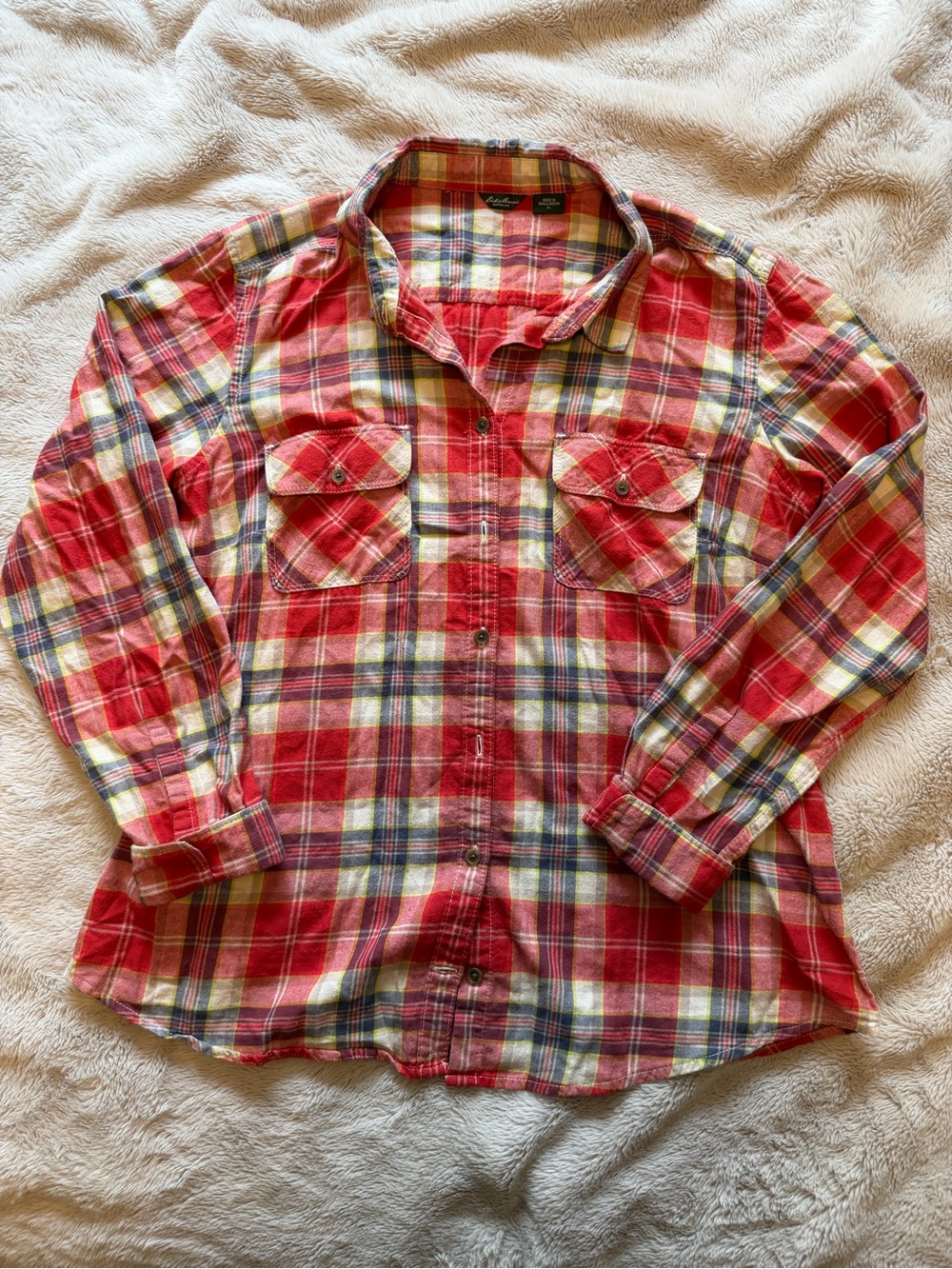 Eddie Bauer Red Plaid Button-Up Shirt with Blue and Yellow Accents